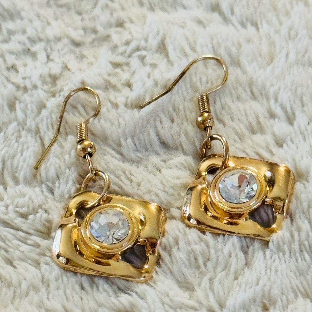 Gold Toned Crystal Rhinestone Dangle Earrings - Women’s Chic Jewelry